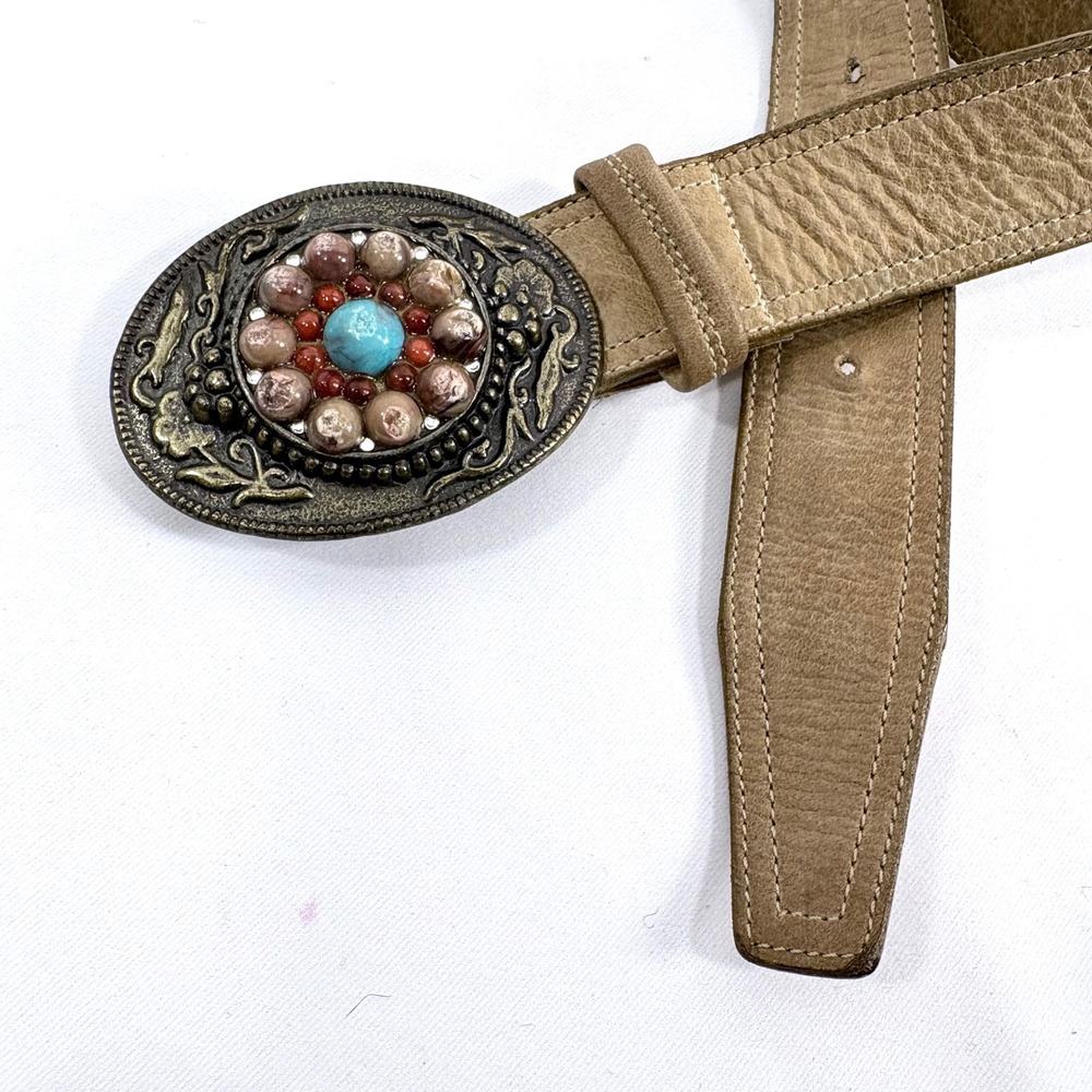 Elite Accessories Belt Tan Leather Stone Buckle Western Boho 2X Vintage